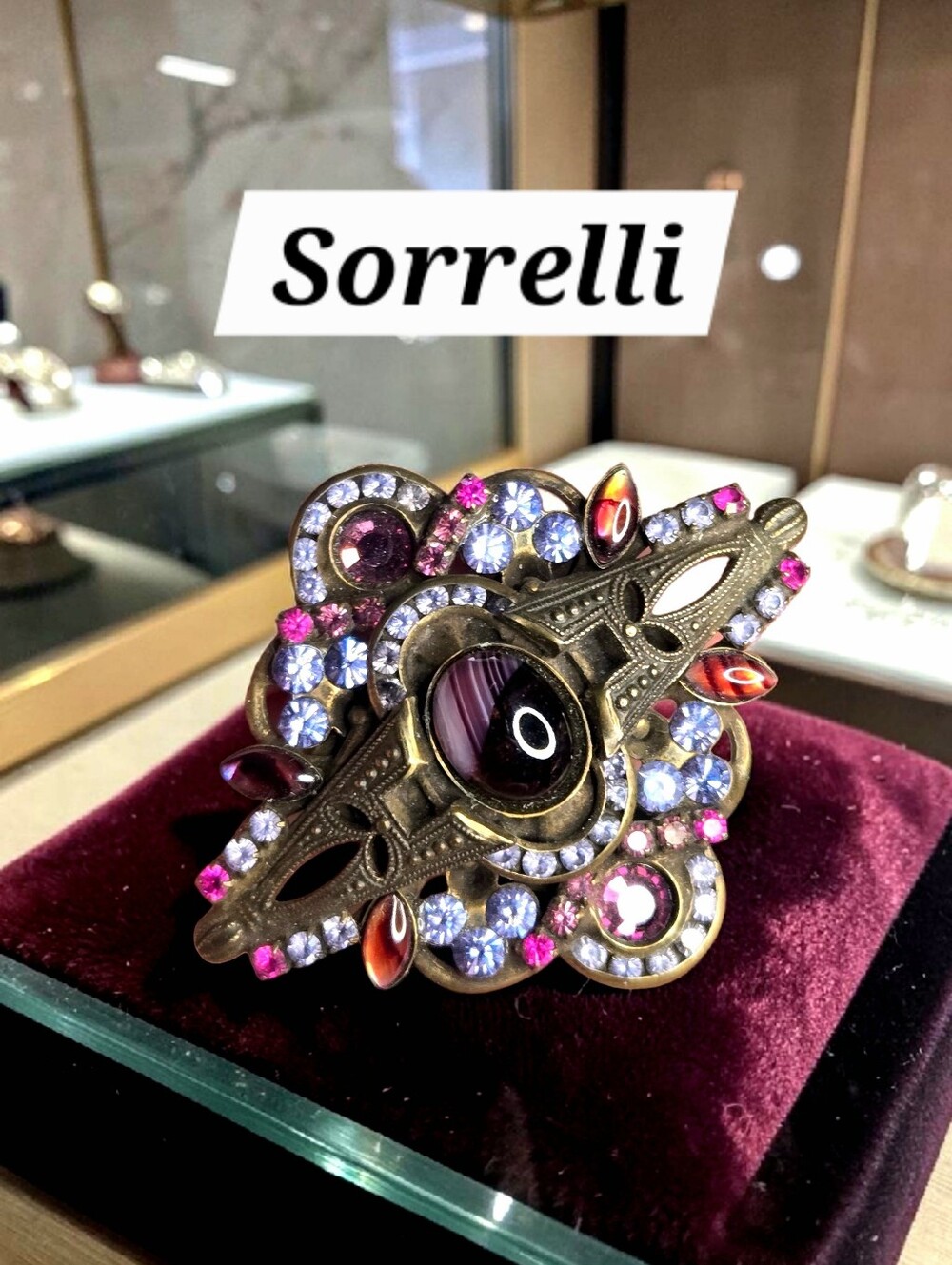 Signed Vintage Sorrelli Amethyst Purple Cabochon & Rhinestone Brooch / Pendant